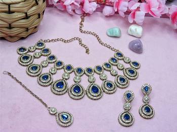 Blue yellow gold premium designer american diamond and stone work necklace set 2