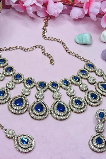 Blue yellow gold premium designer american diamond and stone work necklace set