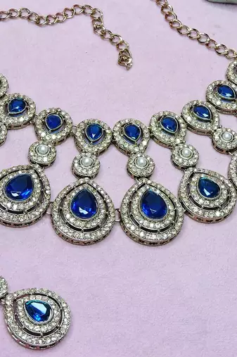 Blue yellow gold premium designer american diamond and stone work necklace set