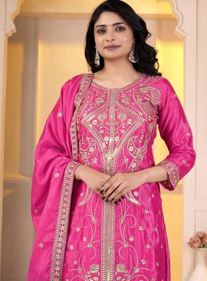 Pink chinon silk party embroidery wear sharara suit set 5