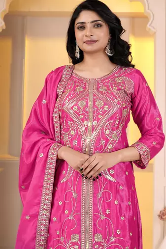 Pink chinon silk party embroidery wear sharara suit set