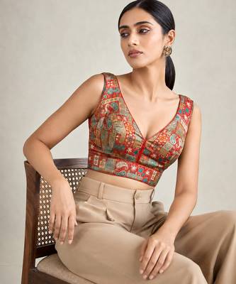 Multi coloured woven design brocade saree blouse 5