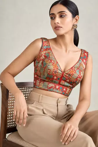 Multi coloured woven design brocade saree blouse