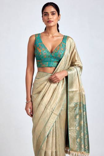 Multi coloured woven design brocade saree blouse