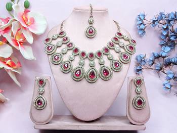 Pink yellow gold premium designer american diamond and stone work necklace set 1