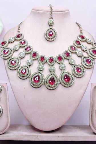 Pink yellow gold premium designer american diamond and stone work necklace set