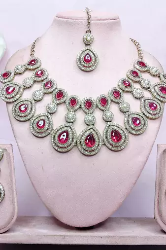 Pink yellow gold premium designer american diamond and stone work necklace set