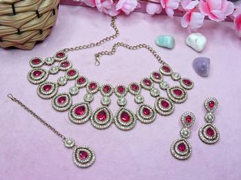 Pink yellow gold premium designer american diamond and stone work necklace set 2