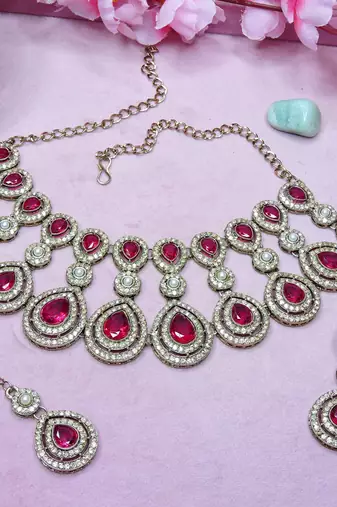 Pink yellow gold premium designer american diamond and stone work necklace set