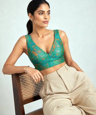 Multi coloured woven design brocade saree blouse 4