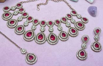 Pink yellow gold premium designer american diamond and stone work necklace set 3