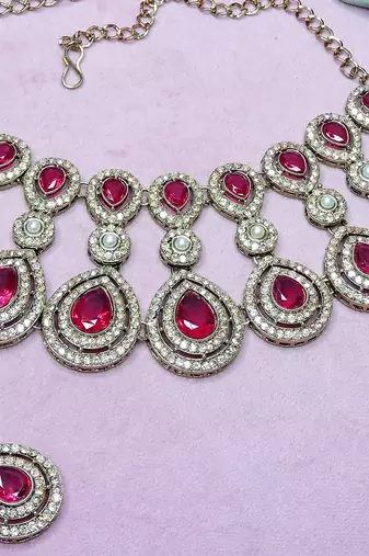 Pink yellow gold premium designer american diamond and stone work necklace set