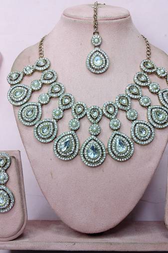 White yellow gold premium designer american diamond and stone work necklace set
