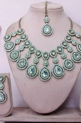 White yellow gold premium designer american diamond and stone work necklace set