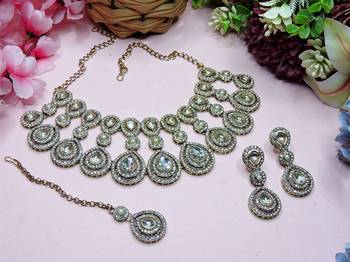 White yellow gold premium designer american diamond and stone work necklace set 2