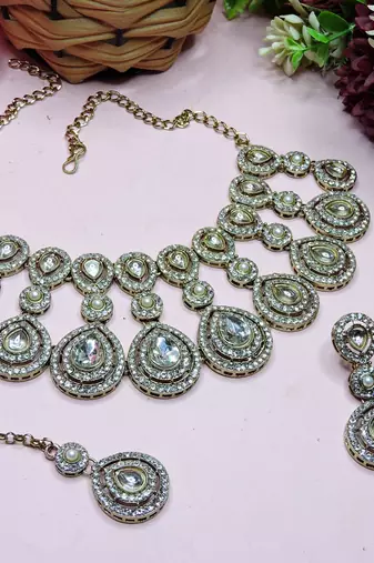 White yellow gold premium designer american diamond and stone work necklace set