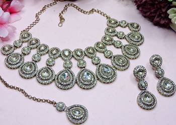 White yellow gold premium designer american diamond and stone work necklace set 3
