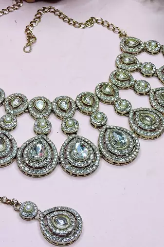 White yellow gold premium designer american diamond and stone work necklace set