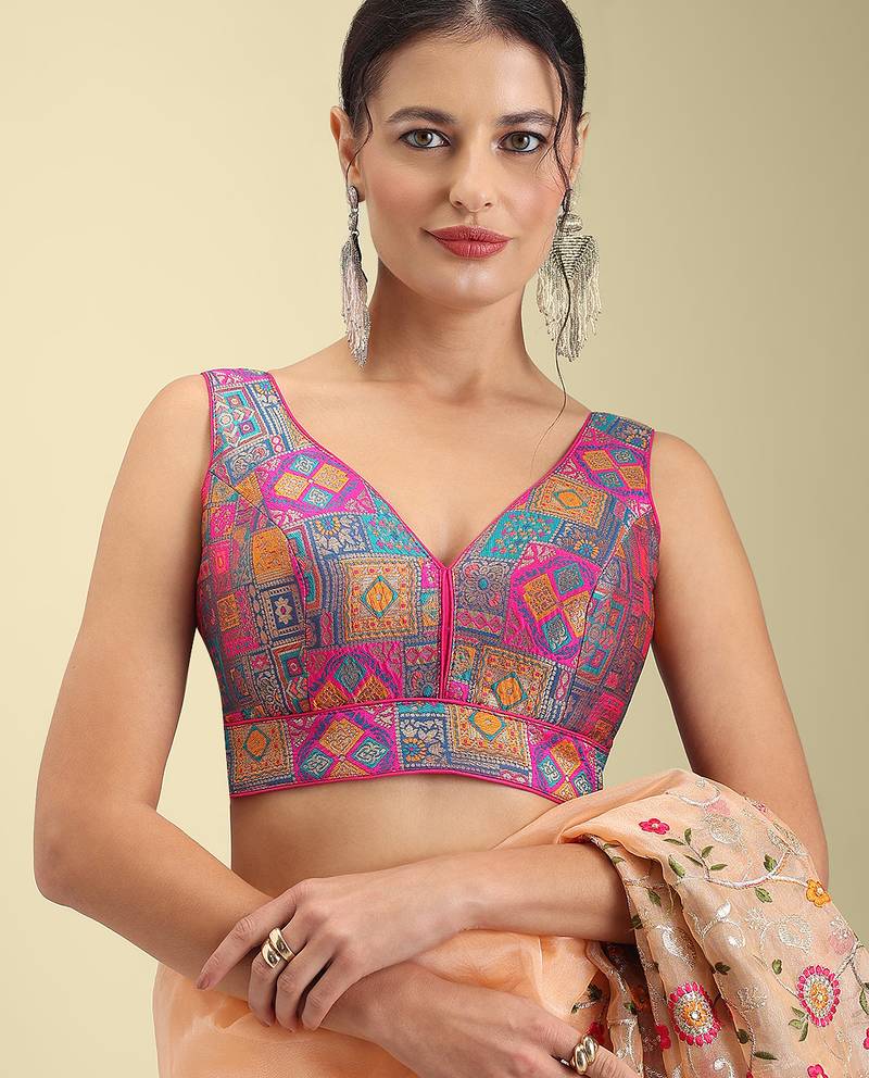 Multi coloured woven design brocade saree blouse