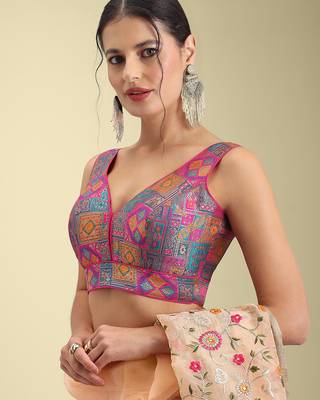 Multi coloured woven design brocade saree blouse 2