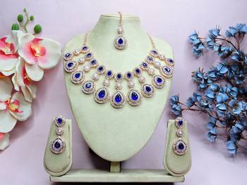Blue rose gold premium designer american diamond and stone work necklace set 1