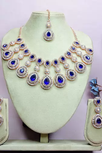Blue rose gold premium designer american diamond and stone work necklace set
