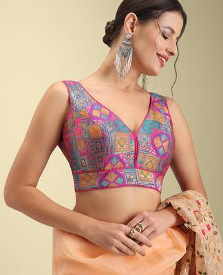 Multi coloured woven design brocade saree blouse 3