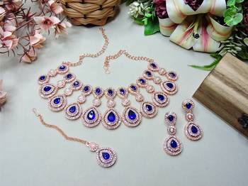 Blue rose gold premium designer american diamond and stone work necklace set 2