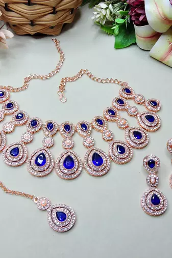 Blue rose gold premium designer american diamond and stone work necklace set