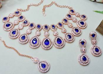 Blue rose gold premium designer american diamond and stone work necklace set 3