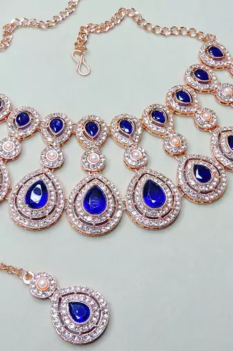 Blue rose gold premium designer american diamond and stone work necklace set