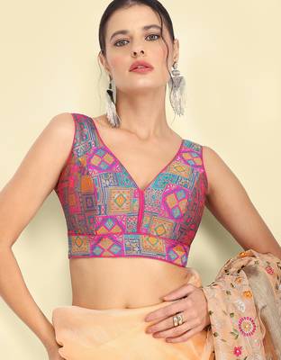 Multi coloured woven design brocade saree blouse 5
