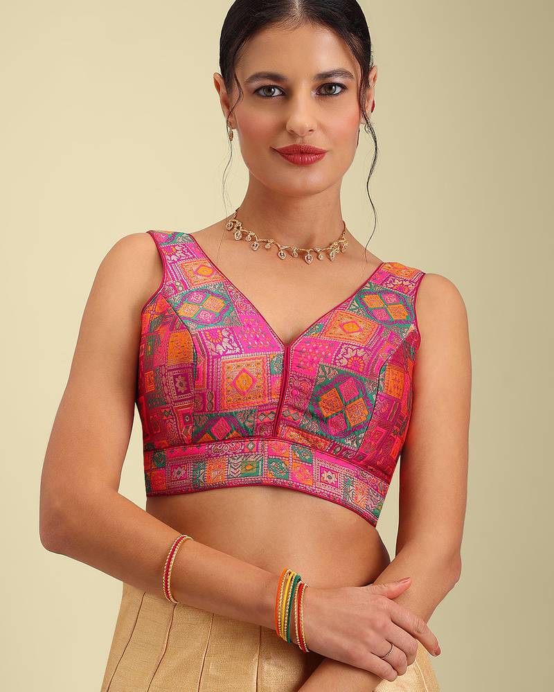 Multi coloured woven design brocade saree blouse