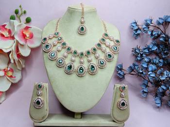 Green rose gold premium designer american diamond and stone work necklace set 1