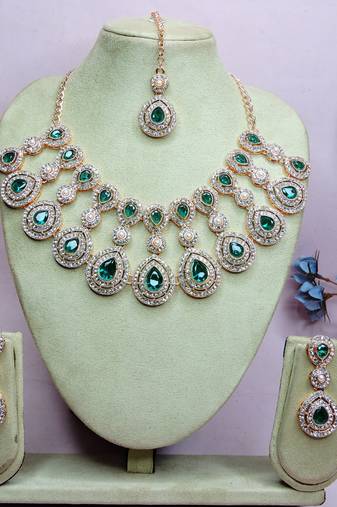 Green rose gold premium designer american diamond and stone work necklace set