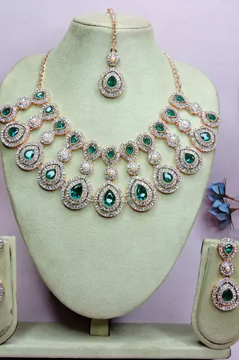 Green rose gold premium designer american diamond and stone work necklace set