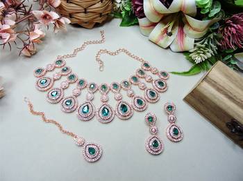Green rose gold premium designer american diamond and stone work necklace set 2