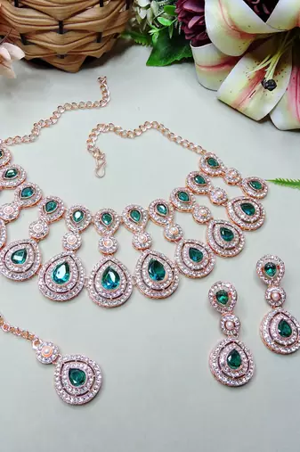 Green rose gold premium designer american diamond and stone work necklace set