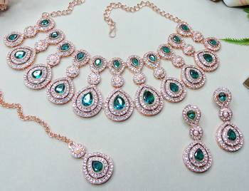 Green rose gold premium designer american diamond and stone work necklace set 3