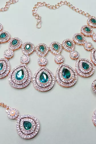 Green rose gold premium designer american diamond and stone work necklace set
