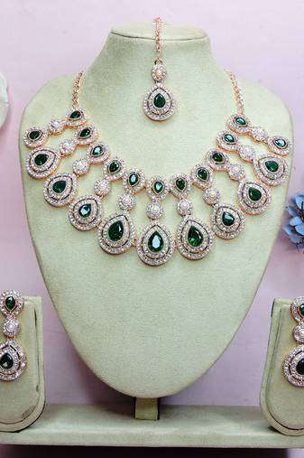 Green rose gold premium designer american diamond and stone work necklace set