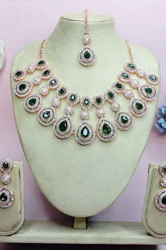 Green rose gold premium designer american diamond and stone work necklace set