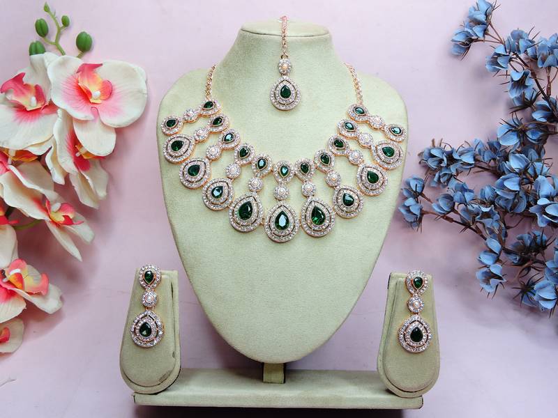 Green rose gold premium designer american diamond and stone work necklace set