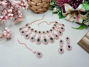 Green rose gold premium designer american diamond and stone work necklace set 2