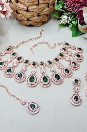 Green rose gold premium designer american diamond and stone work necklace set