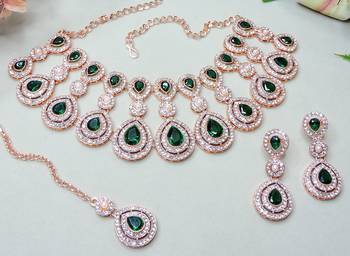 Green rose gold premium designer american diamond and stone work necklace set 3