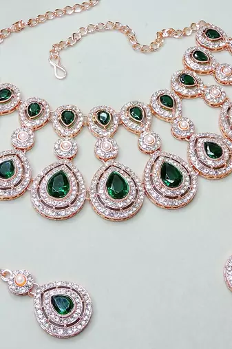 Green rose gold premium designer american diamond and stone work necklace set