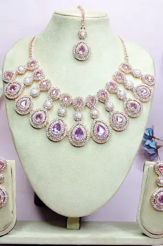 Purple rose gold premium designer american diamond and stone work necklace set