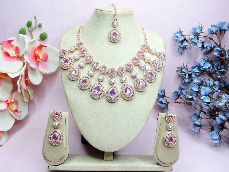 Purple rose gold premium designer american diamond and stone work necklace set