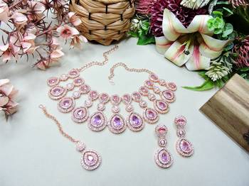 Purple rose gold premium designer american diamond and stone work necklace set 2